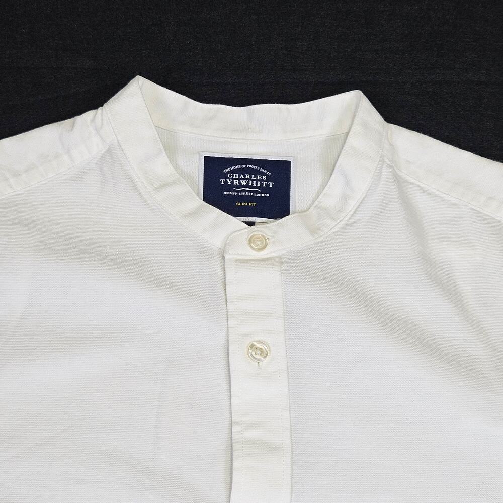 Charles Tyrwhitt Collarless Cotton Linen Shirt Men M Slim Fit White Button Front - Picture 3 of 14